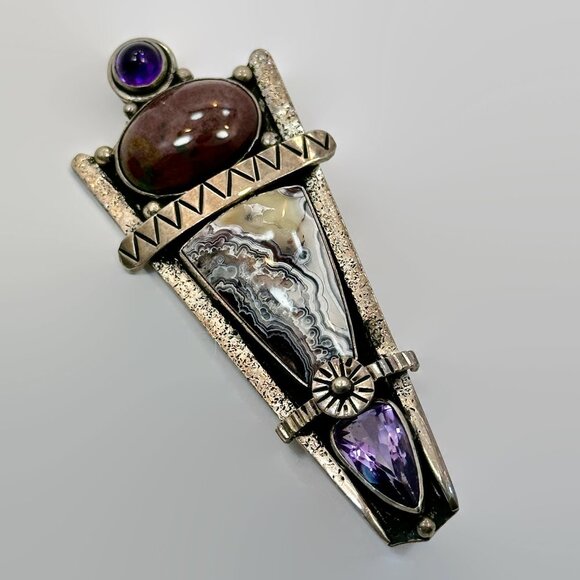 Unique Pendant, Brooch, Sterling Silver, Amethyst, Jasper, Crazy Lace Agate - Picture 3 of 5